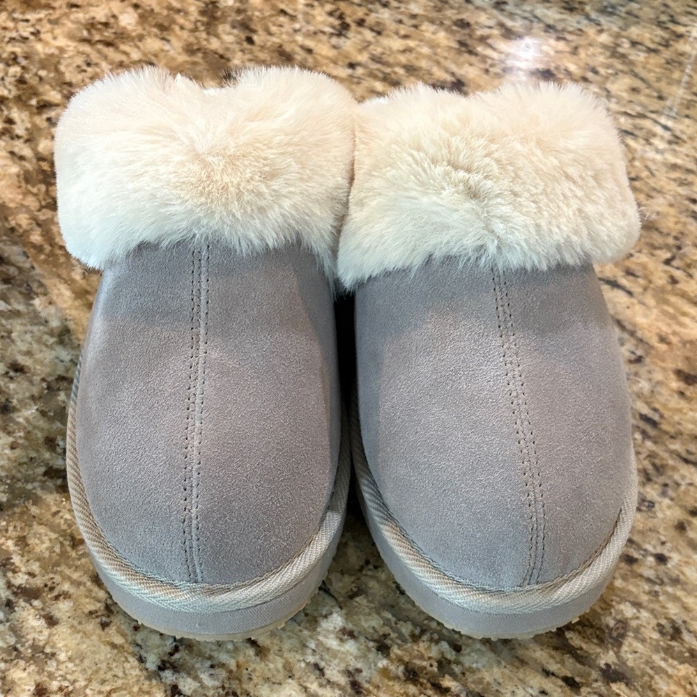 Charter Club Gray and Cream Faux Fur Slippers